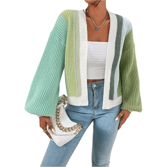 Women's Color Block Cropped Cardigan Ribbed Knit Long Sleeve Open Front - Picture 5 of 6